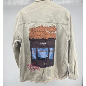 ZARA Relaxed Fit Beige Denim Shirt Jacket Graphic Print Graffiti Mens Large